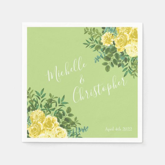ライトイエロー淡い色のとグリーンバラフローラ結婚ズ スタンダードカクテルナプキン (正面)