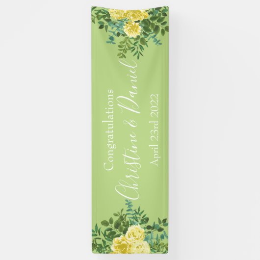 ライトイエロー淡い色のとグリーンバラフローラ結婚ズ 横断幕 (縦)
