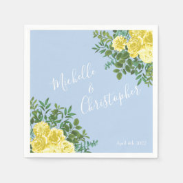 ライトイエロー淡い色の&ブルーバラフローラ結婚ズ スタンダードカクテルナプキン