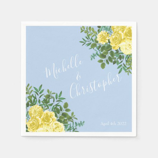 ライトイエロー淡い色の&ブルーバラフローラ結婚ズ スタンダードカクテルナプキン (正面)