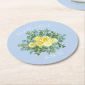 ライトイエロー淡い色の&ブルーバラフローラ結婚ズ ラウンドペーパーコースター (アングル)