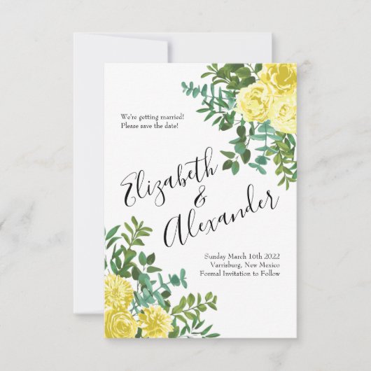ライトイエロー牡丹バラ結婚フローラ救の日付 招待状 (正面)