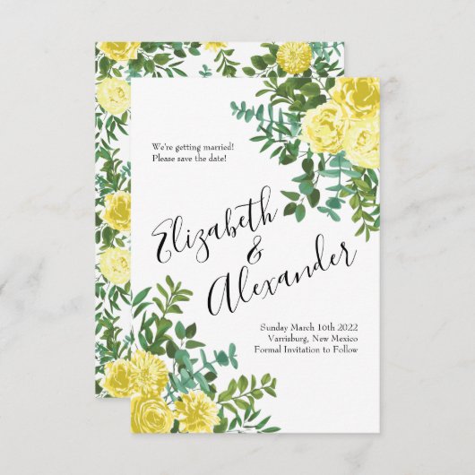 ライトイエロー牡丹バラ結婚フローラ救の日付 招待状 (正面/裏面)