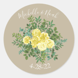 ライトイエロー&カーキベージュ色バラフローラ結婚ズ ラウンドシール
