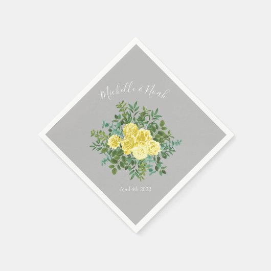 ライトイエロー&グレー牡丹&バラフローラ結婚ズ スタンダードカクテルナプキン (角)