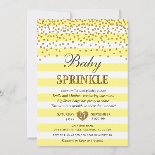 ライトイエロー ゴールド ビー ストライプ ニュートラル ベイビー スプリンクル 招待状 (正面)