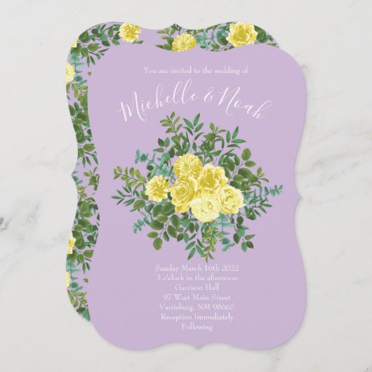 ライトイエロー&薄紫パープルバラフローラ結婚ズ 招待状 (正面/裏面)