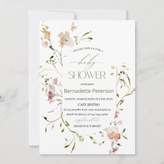 ライトウォーターカラー野草花ベビーシャワー 招待状 (正面)