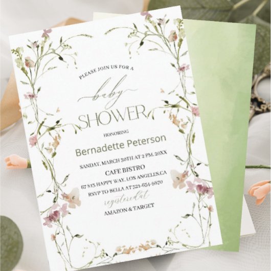 ライトウォーターカラー野草花ベビーシャワー 招待状