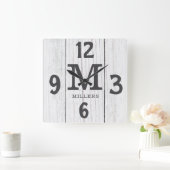 ライトウッド素朴ファミリーネームモノグラムファームハウス スクエア壁時計 (ホーム)