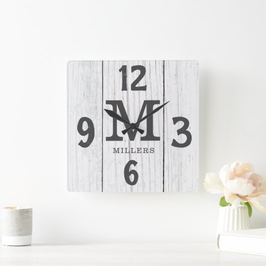 ライトウッド素朴ファミリーネームモノグラムファームハウス スクエア壁時計 (ホーム)