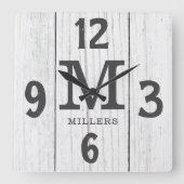 ライトウッド素朴ファミリーネームモノグラムファームハウス スクエア壁時計 (正面)