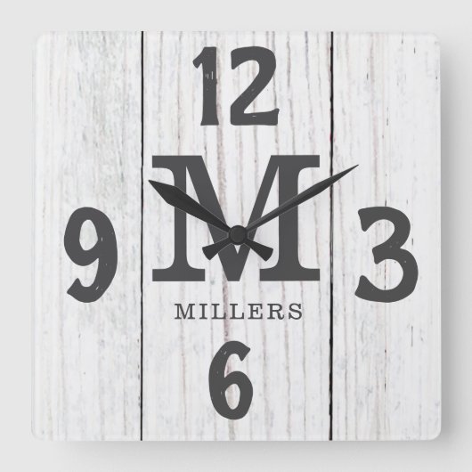 ライトウッド素朴ファミリーネームモノグラムファームハウス スクエア壁時計 (正面)