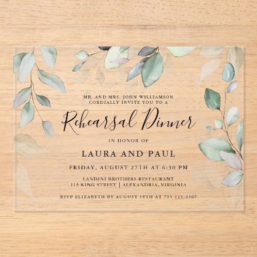 ライトエアリー水彩植物体リハーサルディナー アクリル招待状 (正面)