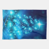 ライトカッコいい付き青いクリスマスきらめくの木 キッチンタオル (横)