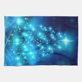 ライトカッコいい付き青いクリスマスきらめくの木 キッチンタオル