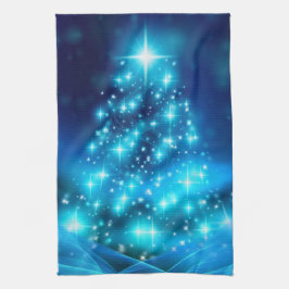 ライトカッコいい付き青いクリスマスきらめくの木 キッチンタオル