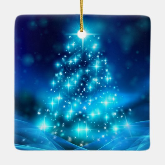 ライトカッコいい付き青いクリスマスきらめくの木 セラミックオーナメント (裏面)