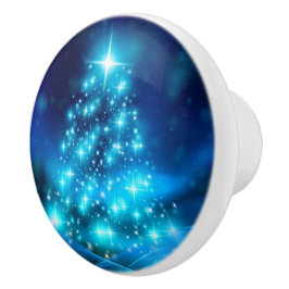 ライトカッコいい付き青いクリスマスきらめくの木 セラミックノブ