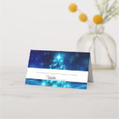 ライトカッコいい付き青いクリスマスきらめくの木 プレイスカード (正面)