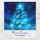 ライトカッコいい付き青いクリスマスきらめくの木 ワインラベル (シングルラベル)