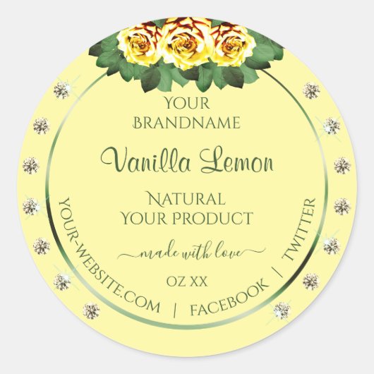 ライトクリーム製品ラベルイエローローズダイヤモンド ラウンドシール (正面)