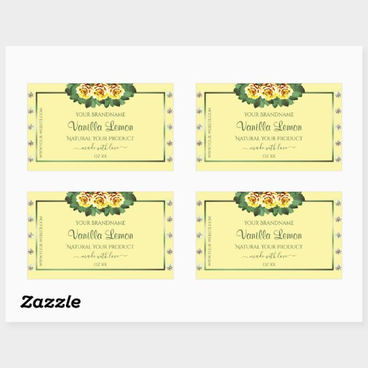 ライトクリーム製品ラベルイエローローズダイヤモンド 長方形シール (シート)
