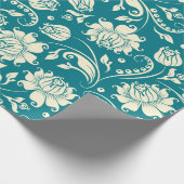 ライトクリーム&ティール（緑がかった色） – グリーンフローラダマスク ラッピングペーパー (角)