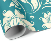 ライトクリーム&ティール（緑がかった色） – グリーンフローラダマスク ラッピングペーパー (ロールコーナー)