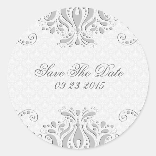 ライトグエレガントレイフローラレース&ホワイトダマスク ラウンドシール (正面)