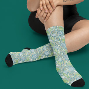 ライトグリーンとブルーの民族ペイズリーパターン ソックス
