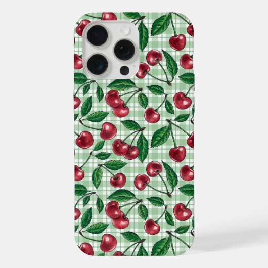 ライトグリーンのギンガムチェックに赤いチェリー iPhoneケース (裏面)