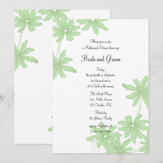 ライトグリーンのデイジー ウェディング リハーサル ディナー 招待状 (正面/裏面)