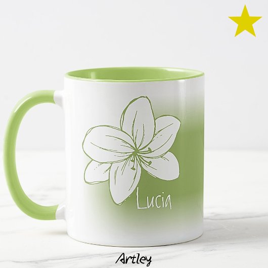 ライトグリーンのミニマルな手描きの花のカスタムネーム マグカップ