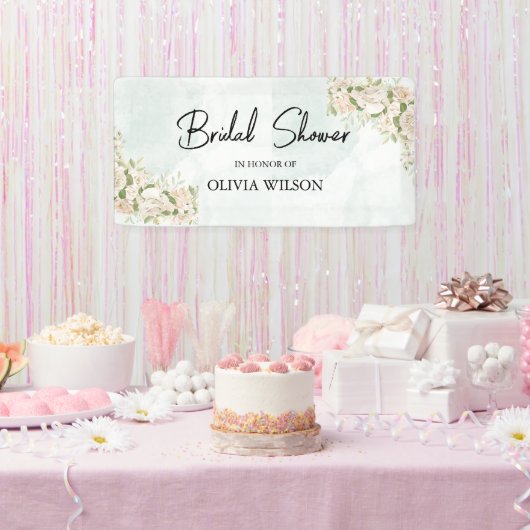 ライトグリーンの水彩花柄のウェディングシャワーの招待状 横断幕 (パーティー)