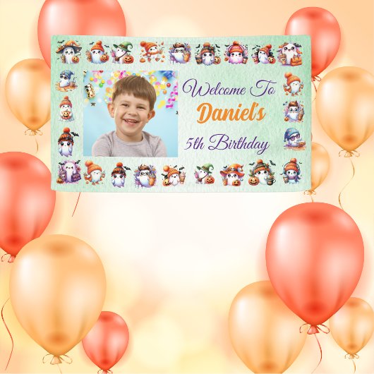 ライトグリーンの水彩　ゴーストテーマの誕生日 横断幕