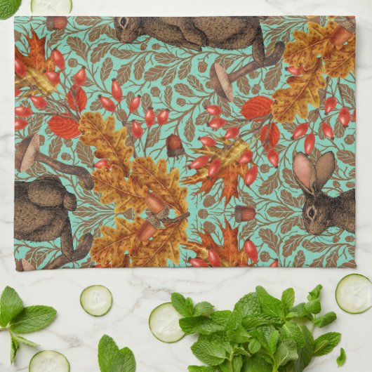 ライトグリーンの秋のうさぎ キッチンタオル (折り畳み)