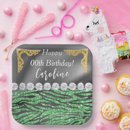 ライトグリーンゼブラプリント&金ゴールドシルバー誕生日 ペーパープレート (パーティー)