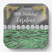 ライトグリーンゼブラプリント&金ゴールドシルバー誕生日 ペーパープレート (正面)