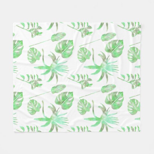 ライトグリーントロピカルウォーターカラーリーフフリースブランケ フリースブランケット (正面(横))