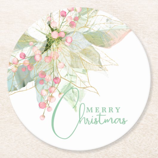 ライトグリーンピンク金ゴールドポインセチア・メリークリスマス ラウンドペーパーコースター (正面)