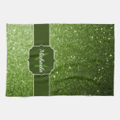 ライトグリーンフェイクグリッタースパークルズモノグラム キッチンタオル (横)