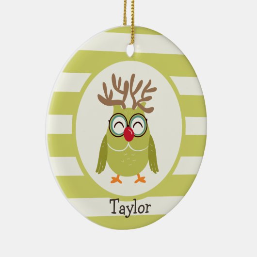 ライトグリーンレトロ付きクリスマスフクロウストライプル セラミックオーナメント (右)
