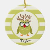 ライトグリーンレトロ付きクリスマスフクロウストライプル セラミックオーナメント (正面)