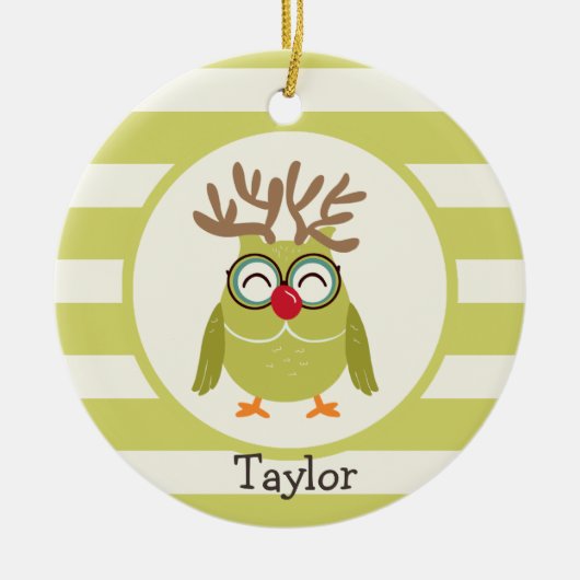 ライトグリーンレトロ付きクリスマスフクロウストライプル セラミックオーナメント (正面)