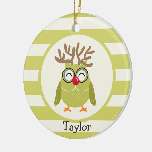 ライトグリーンレトロ付きクリスマスフクロウストライプル セラミックオーナメント (左)