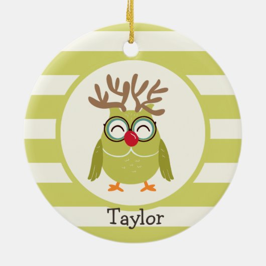 ライトグリーンレトロ付きクリスマスフクロウストライプル セラミックオーナメント (裏面)