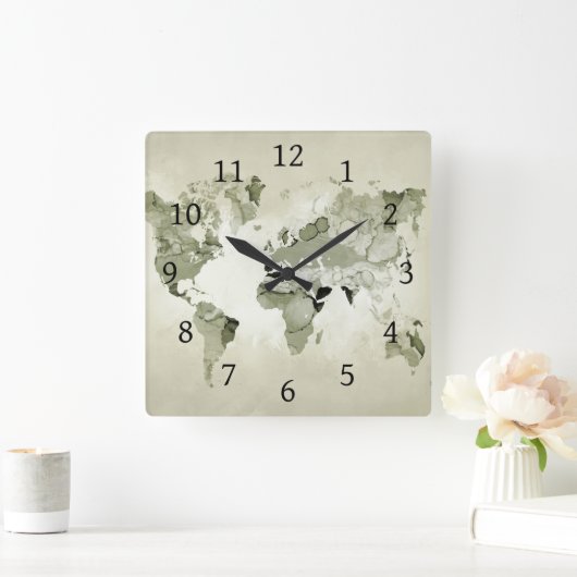 ライトグリーンワールドマップデザイン123 スクエア壁時計 (ホーム)