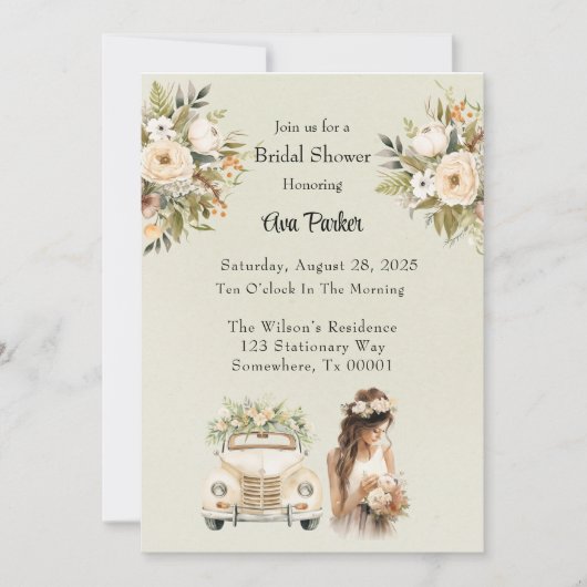 ライトグリーンヴィンテージカー花模様ブライダルシャワー 招待状 (正面)