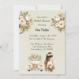 ライトグリーンヴィンテージカー花模様ブライダルシャワー 招待状